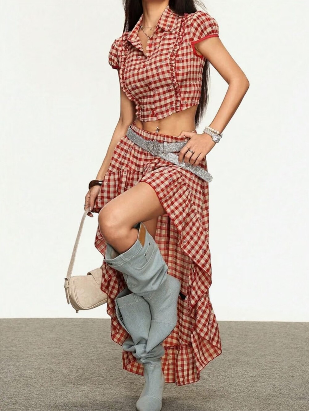 Red Gingham High-Low Ruffle Skirt - Picture 3 of 5